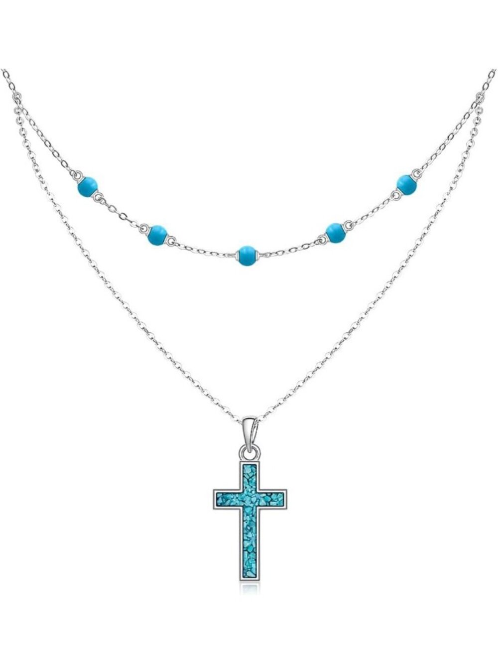Turquoise Layered Cross Necklace for Women | S925 Sterling Silver Beaded Pendant
